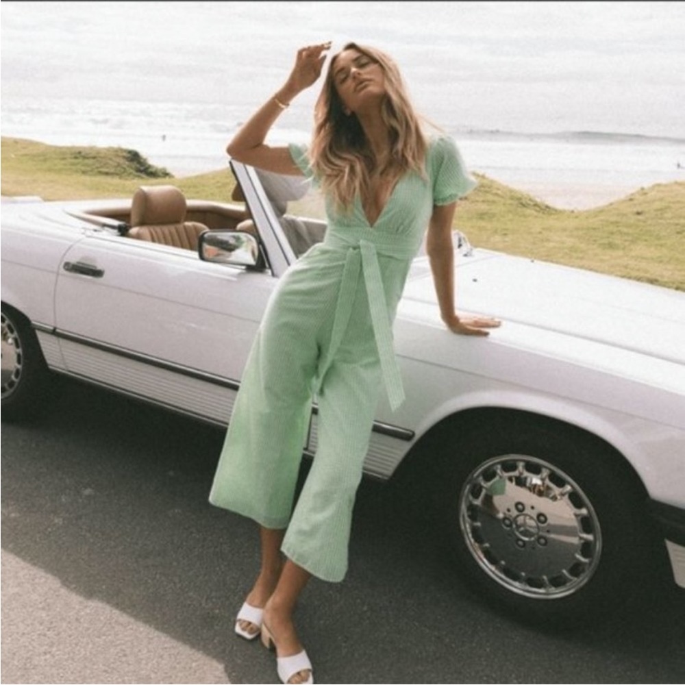 Charlie Holiday Rowan Anthropologie Gingham Jumpsuit Green size Small/4 NEW